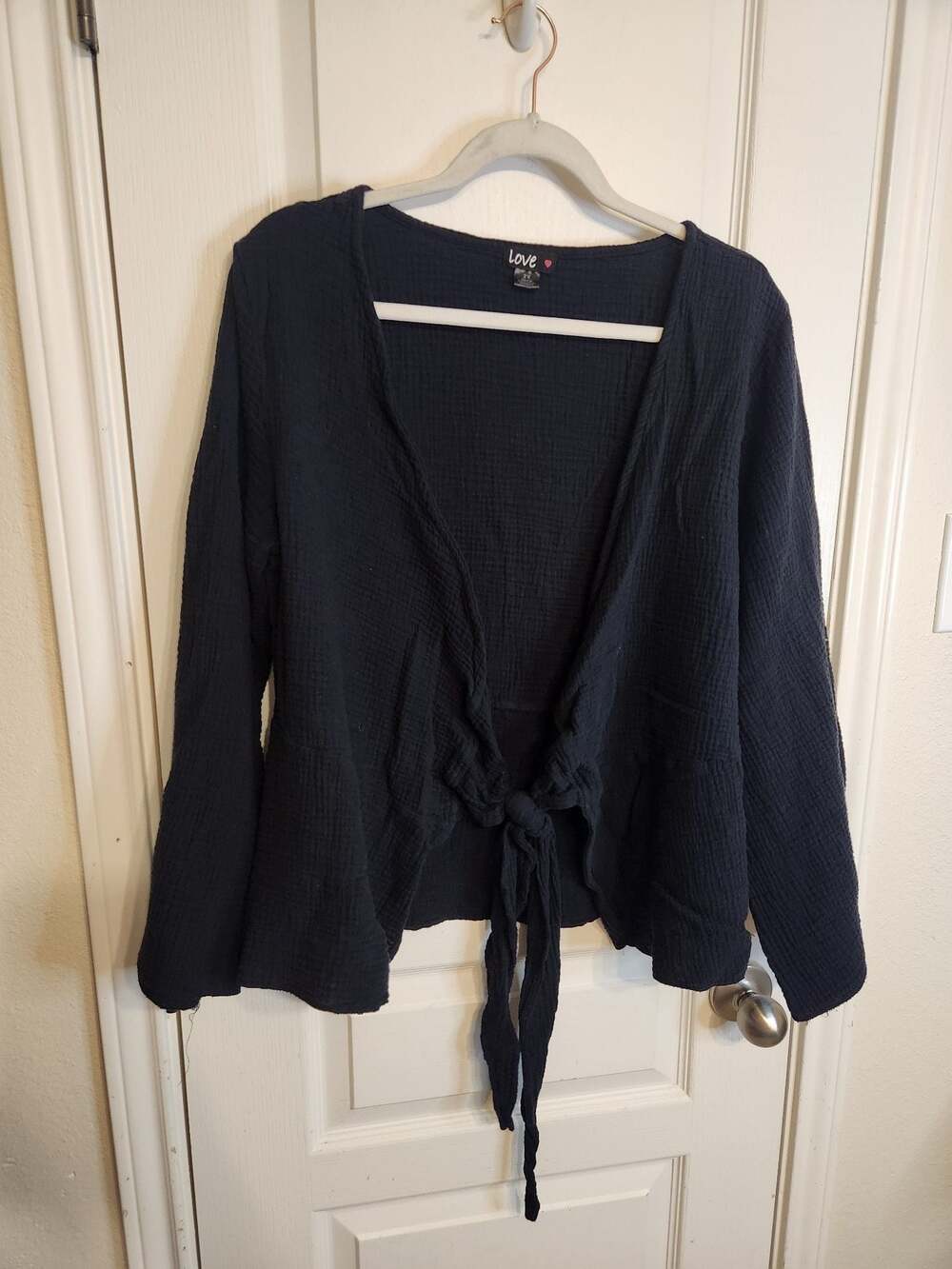 Plus suize Black Gauzy Cotton Tie Front Long Sleeve Cardigan Top